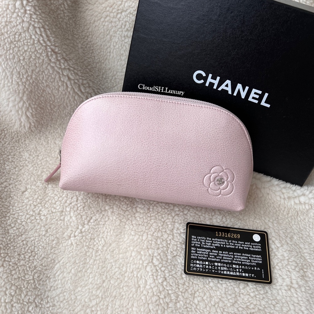 Chanel Pink Camellia Mini CC Logo Cosmetic Pouch w/ Silver Hardware